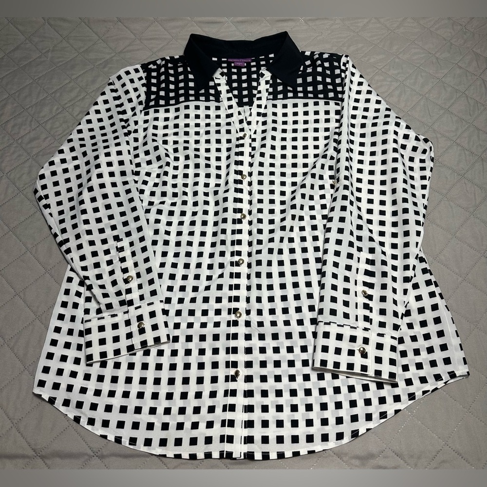 Beverly Drive Black and White Grid Button-Up Blouse